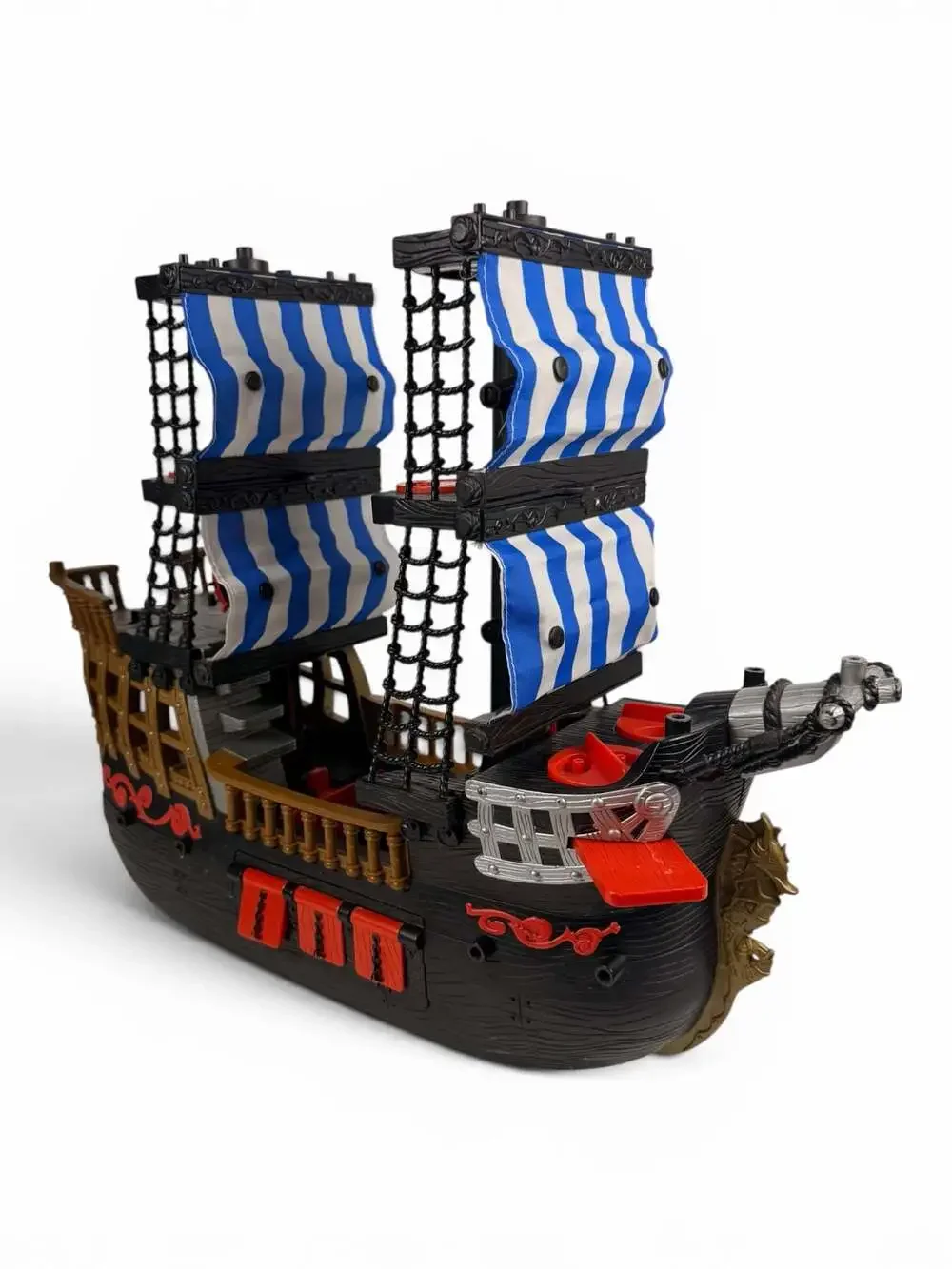 2006 Fisher-Price Imaginext Pirate Ship Toy (Black with Blue and White Sails)